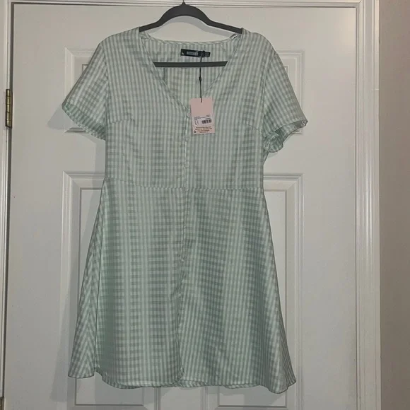 white green wedding dress Embroidered Floral Green Gingham Mini Delaney Dress